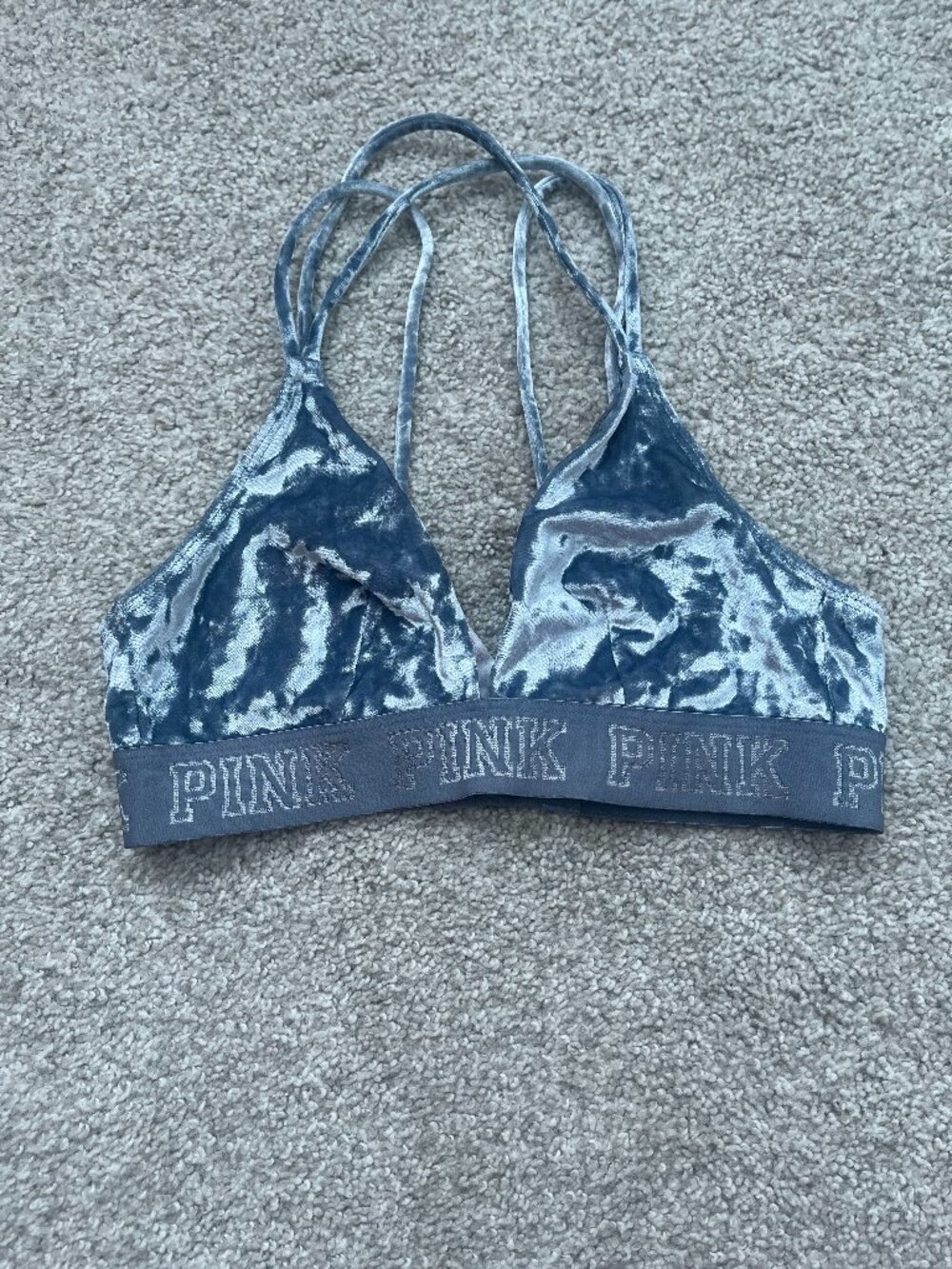 Victoria’s Secret PINK Blue Velvet Bralette Strappy Logo Band Y2K